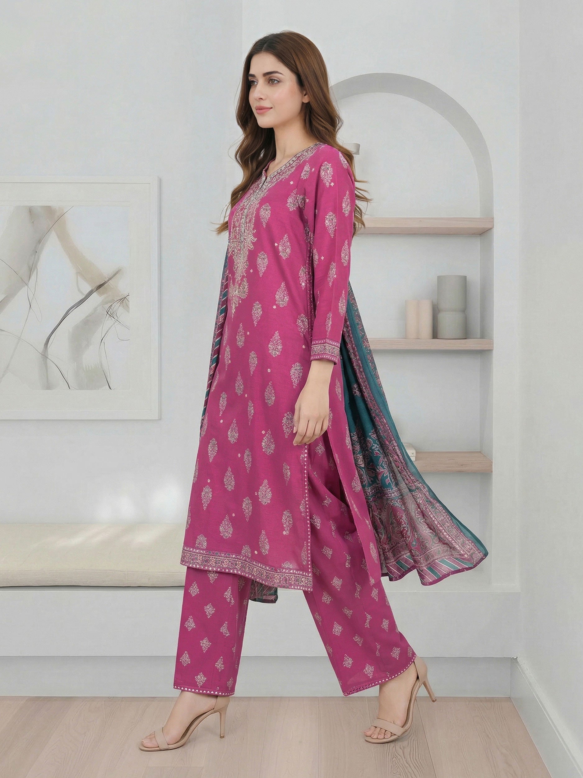 3 Piece Satin Suit- Embroidered (Pret)