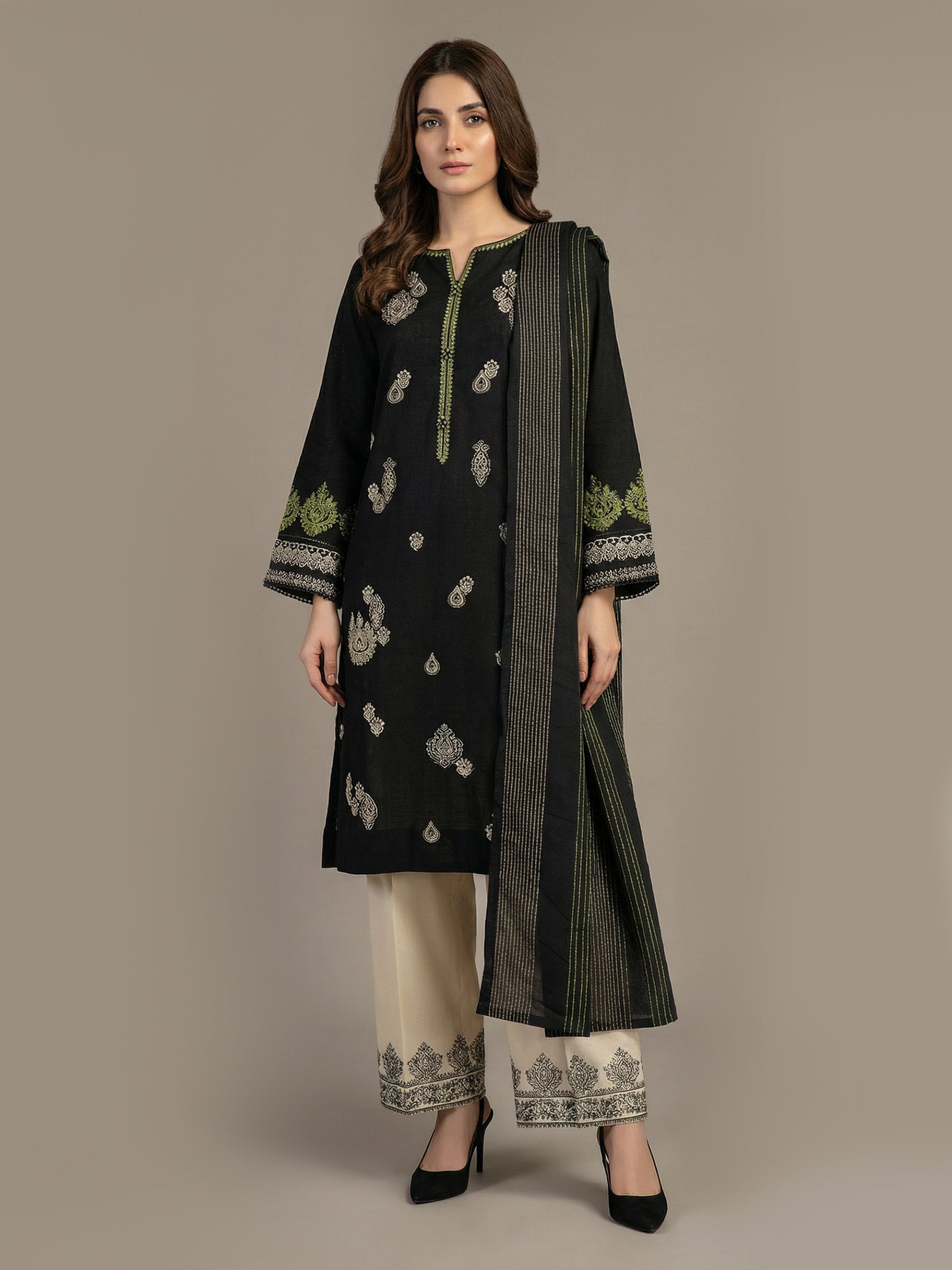 3 Piece Slub Khaddar- Embroidered (Pret)