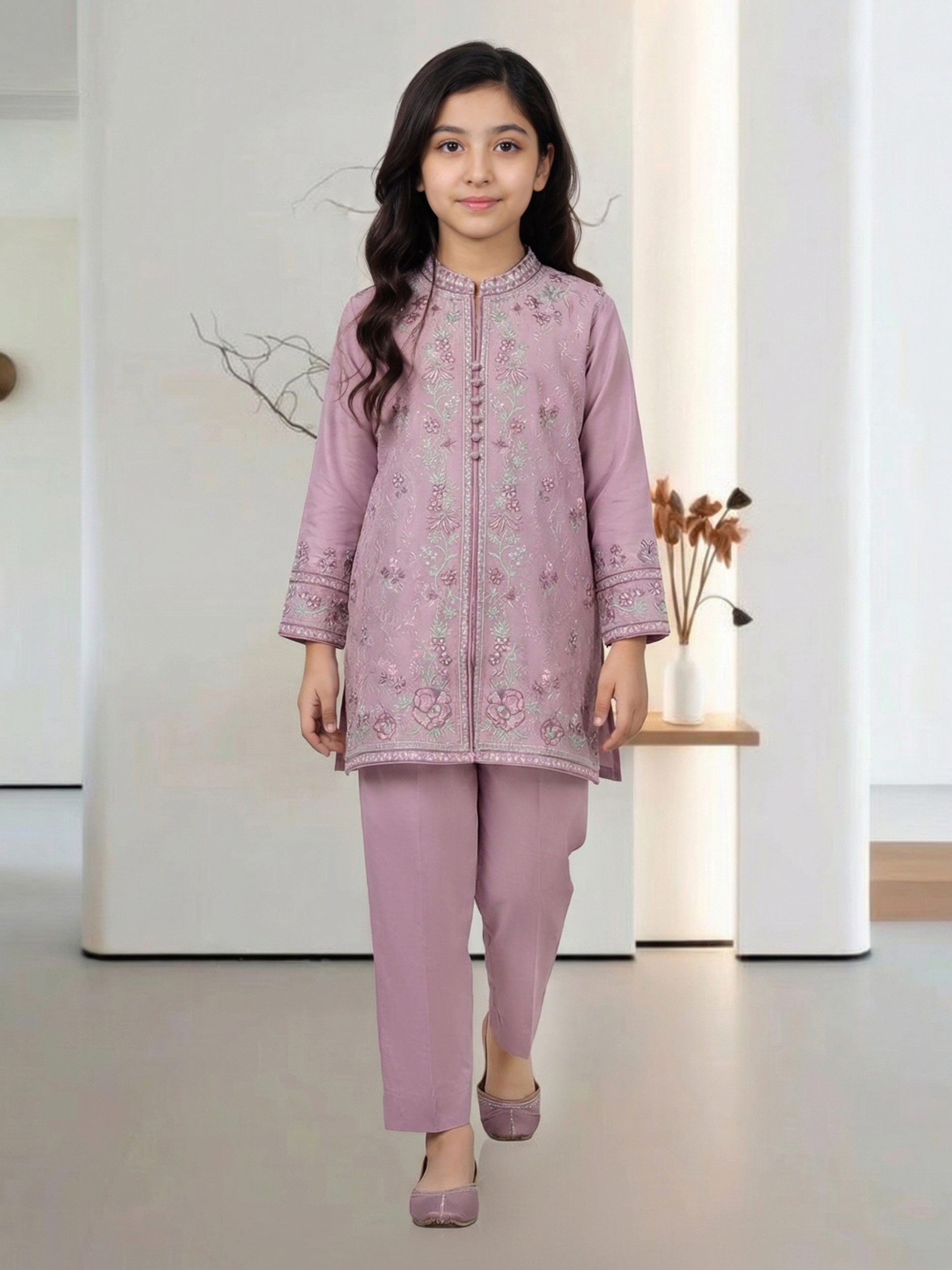 2 Piece Satin Suit - Embroidered (Pret)