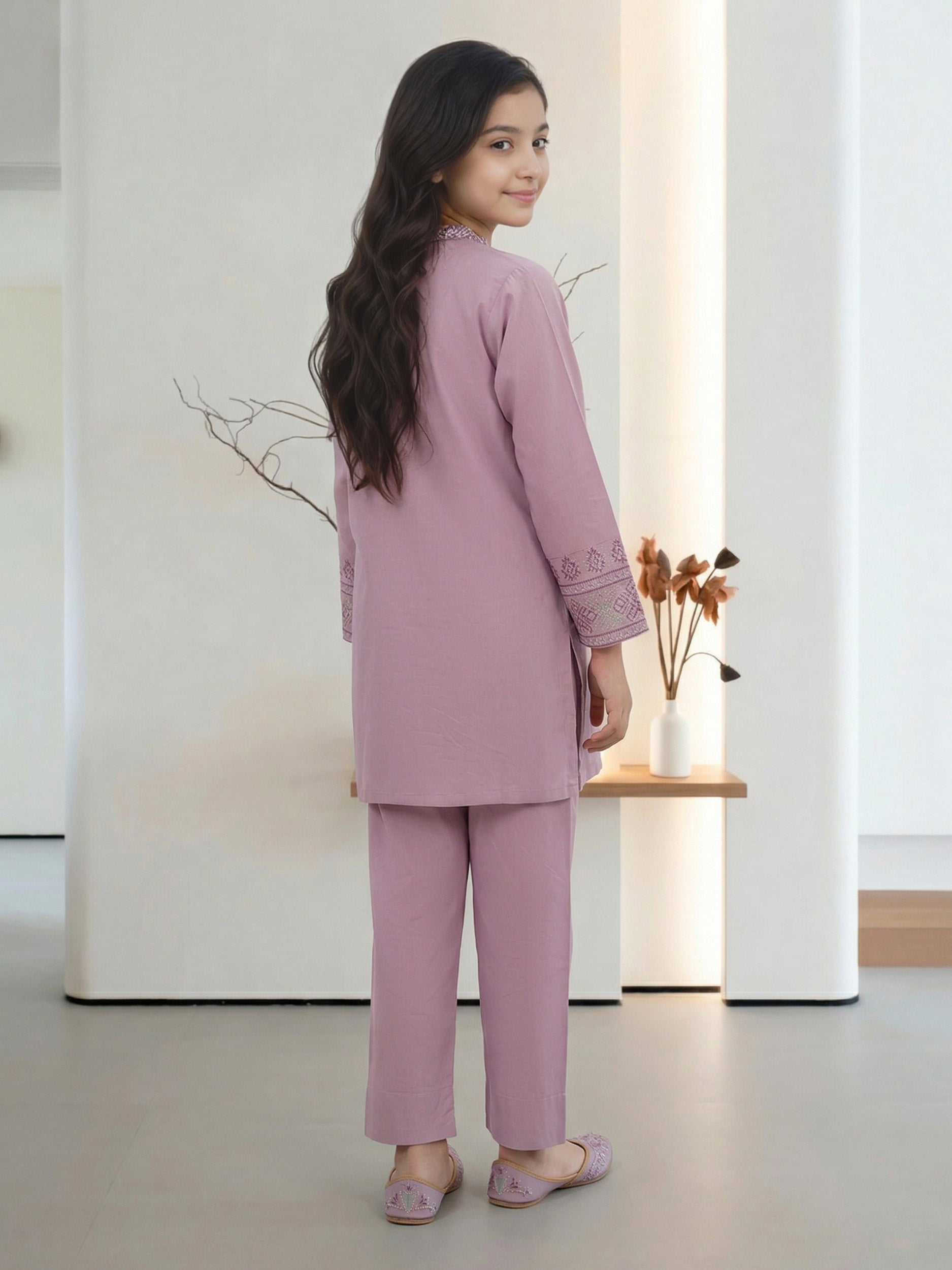 2 Piece Satin Suit - Embroidered (Pret)