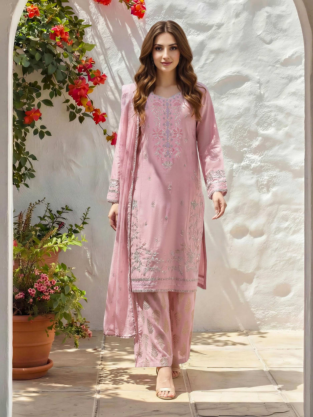 3 Piece Raw Silk Suit- Embroidered (Unstitched)