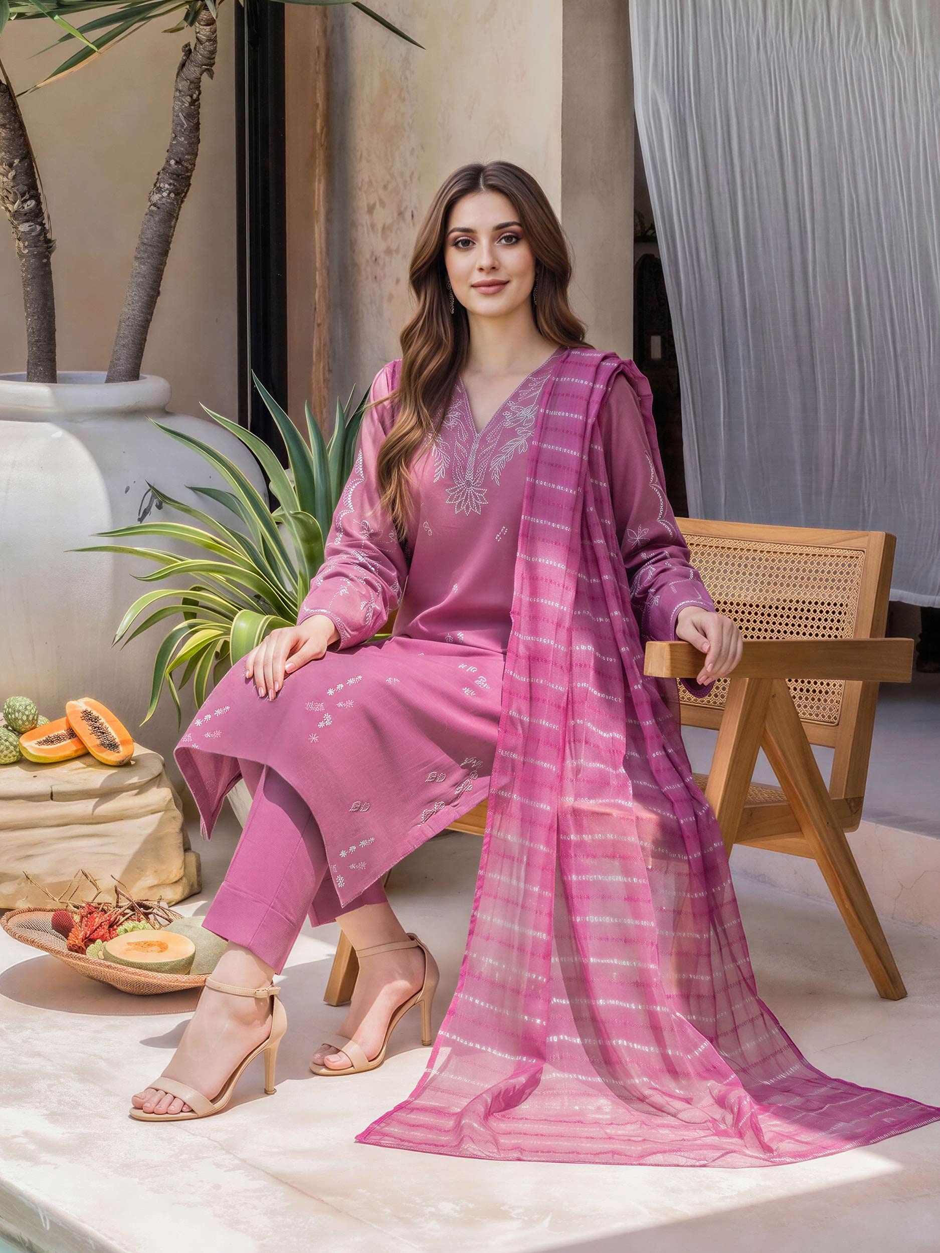 3 Piece Lawn Slub Suit-  Embroidered (Unstitched)