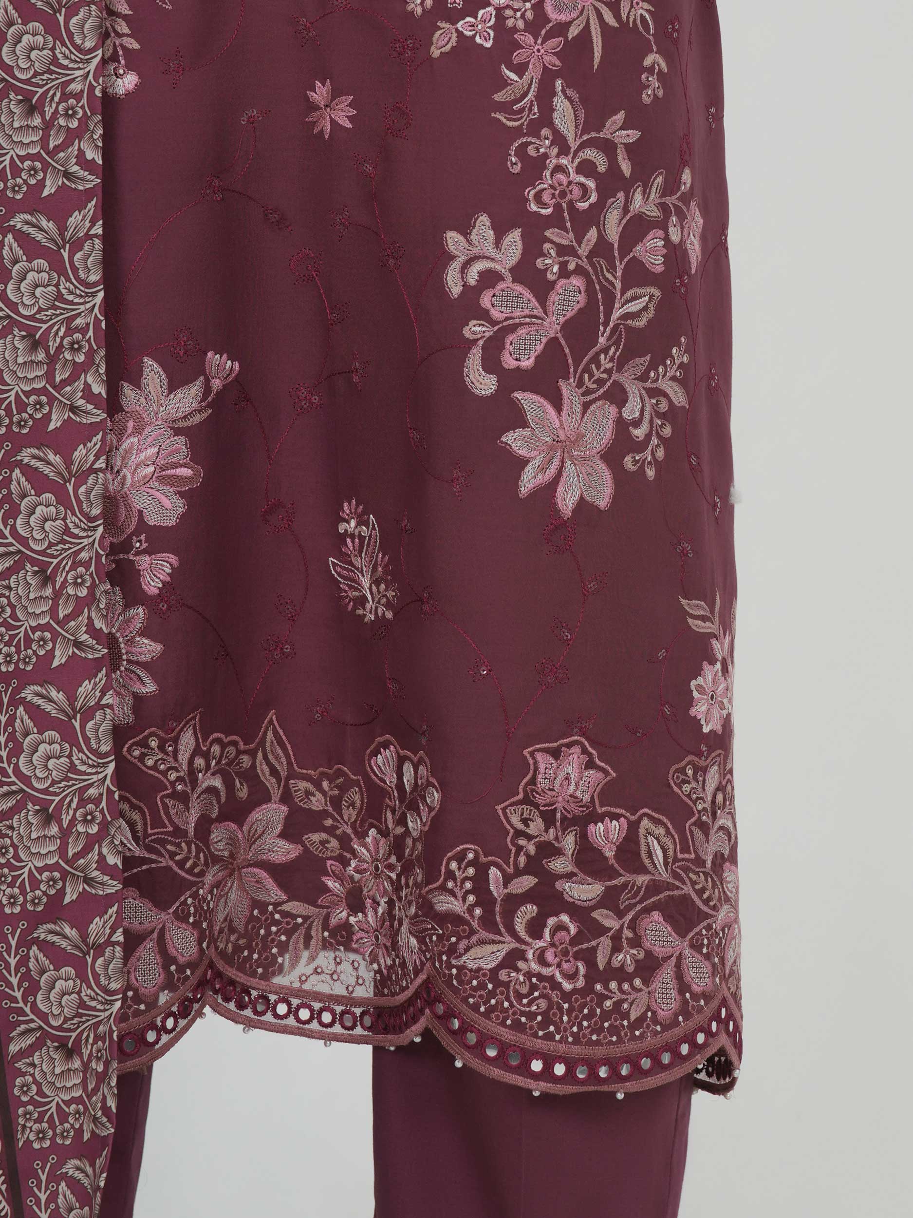 3 Piece Satin Suit-Embroidered (Unstitched)