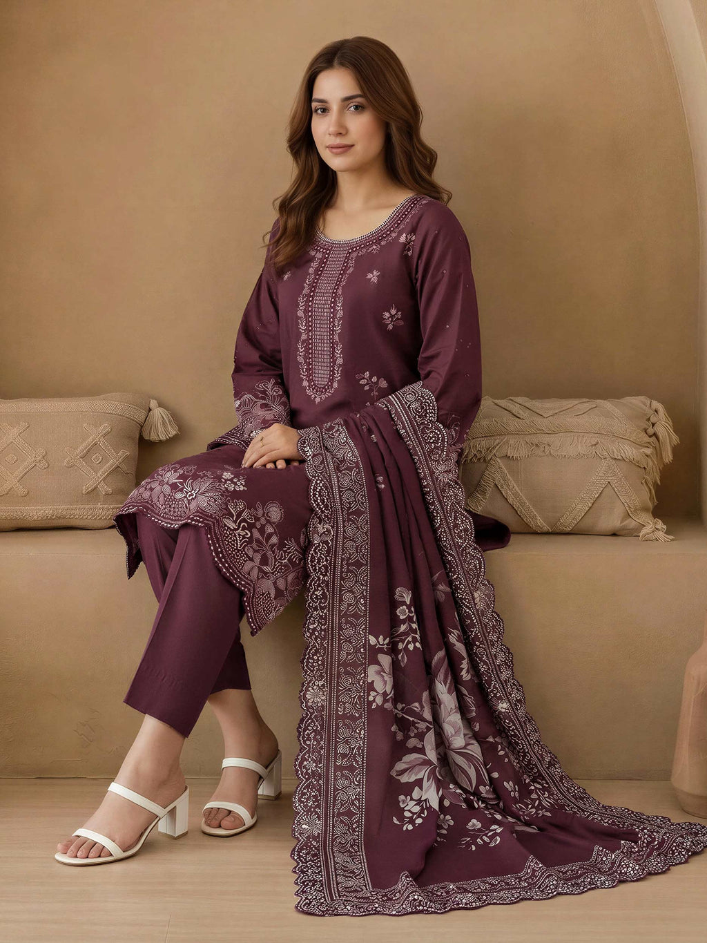 3 Piece Satin Suit-Embroidered (Unstitched)