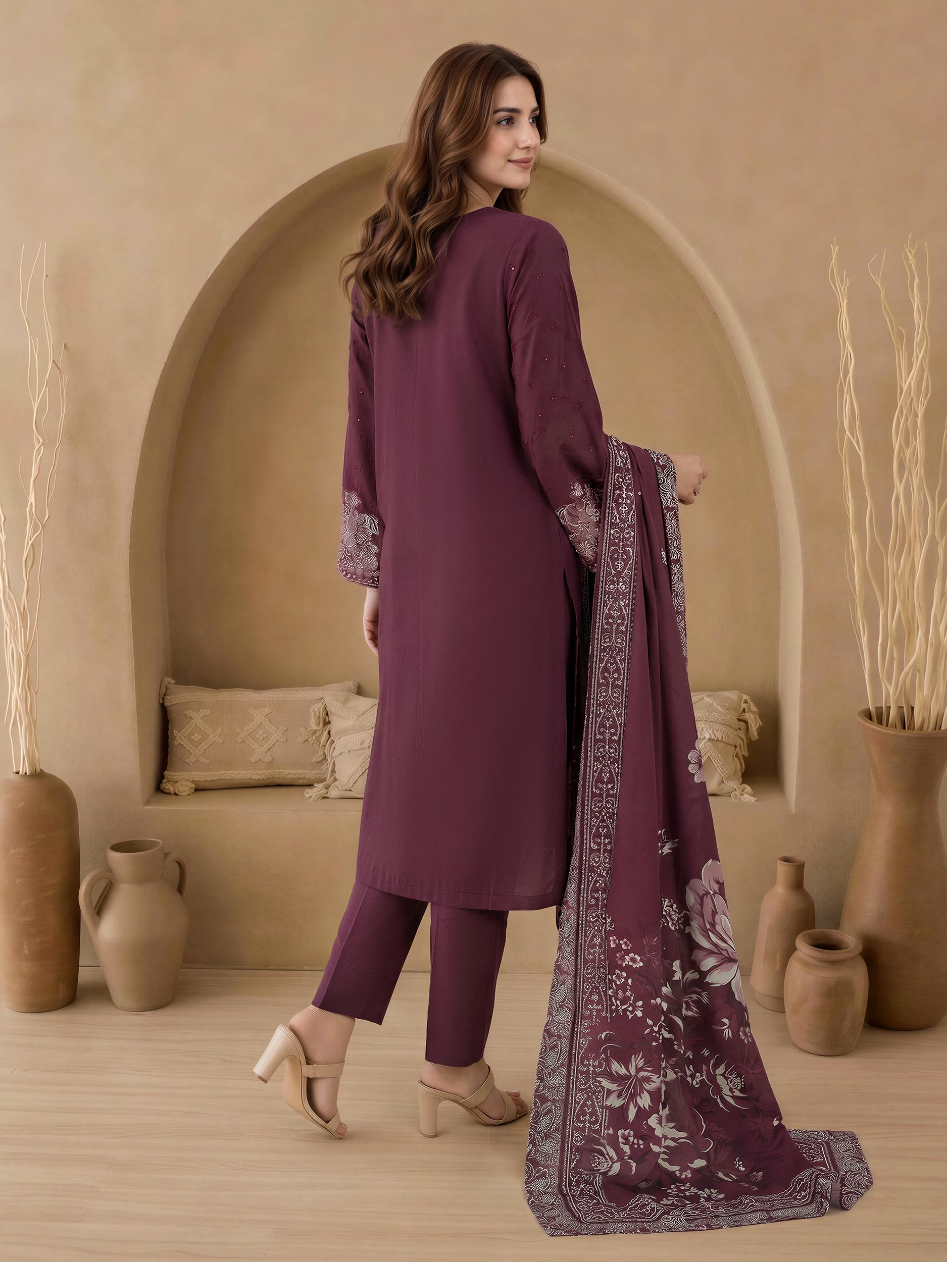 3 Piece Satin Suit-Embroidered (Unstitched)