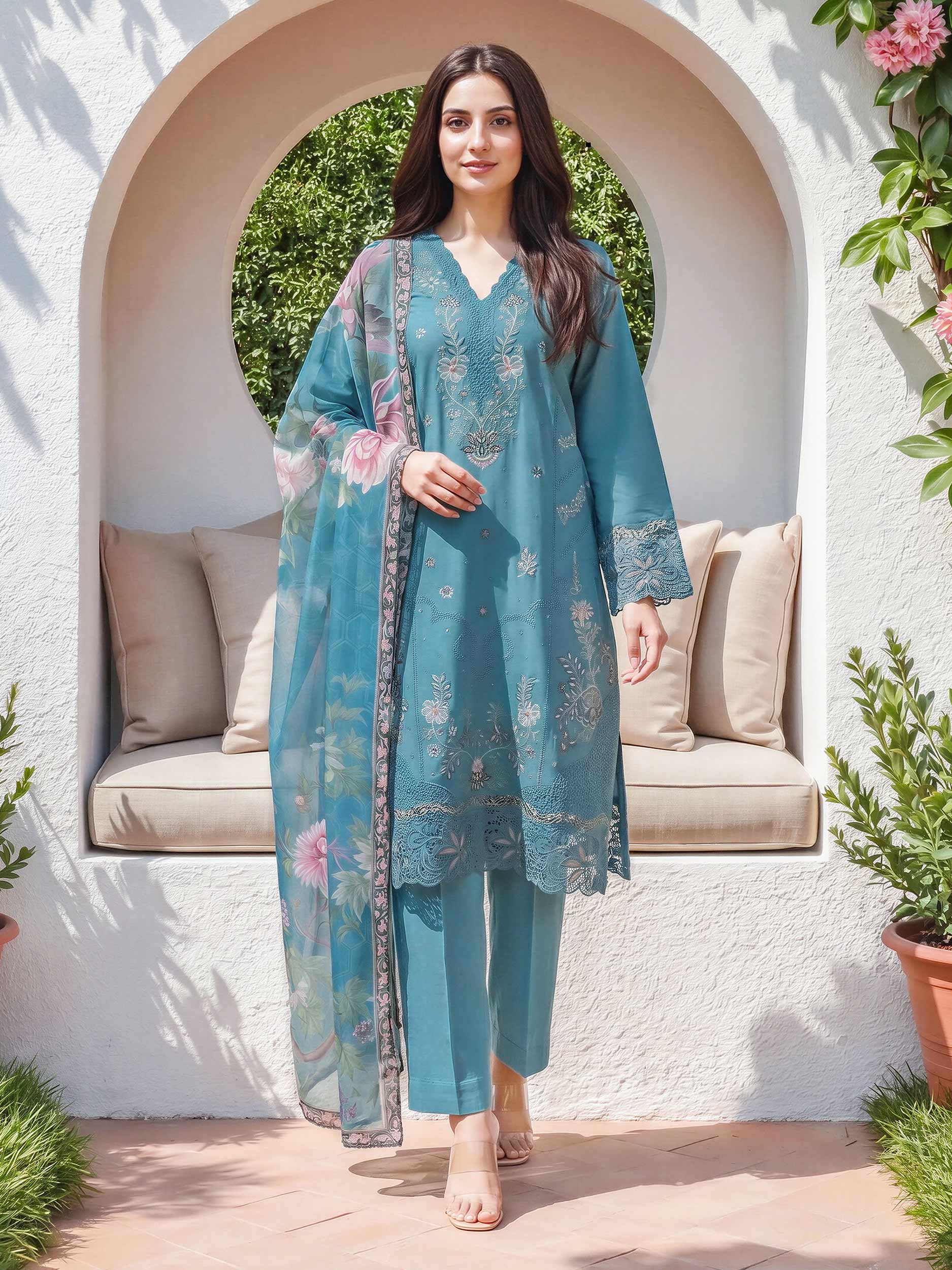 3 Piece Satin Suit- Embroidered (Unstitched)