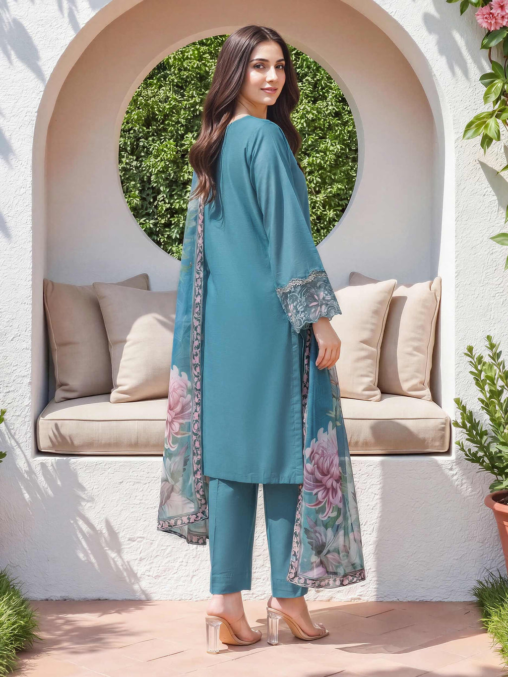3 Piece Satin Suit- Embroidered (Unstitched)