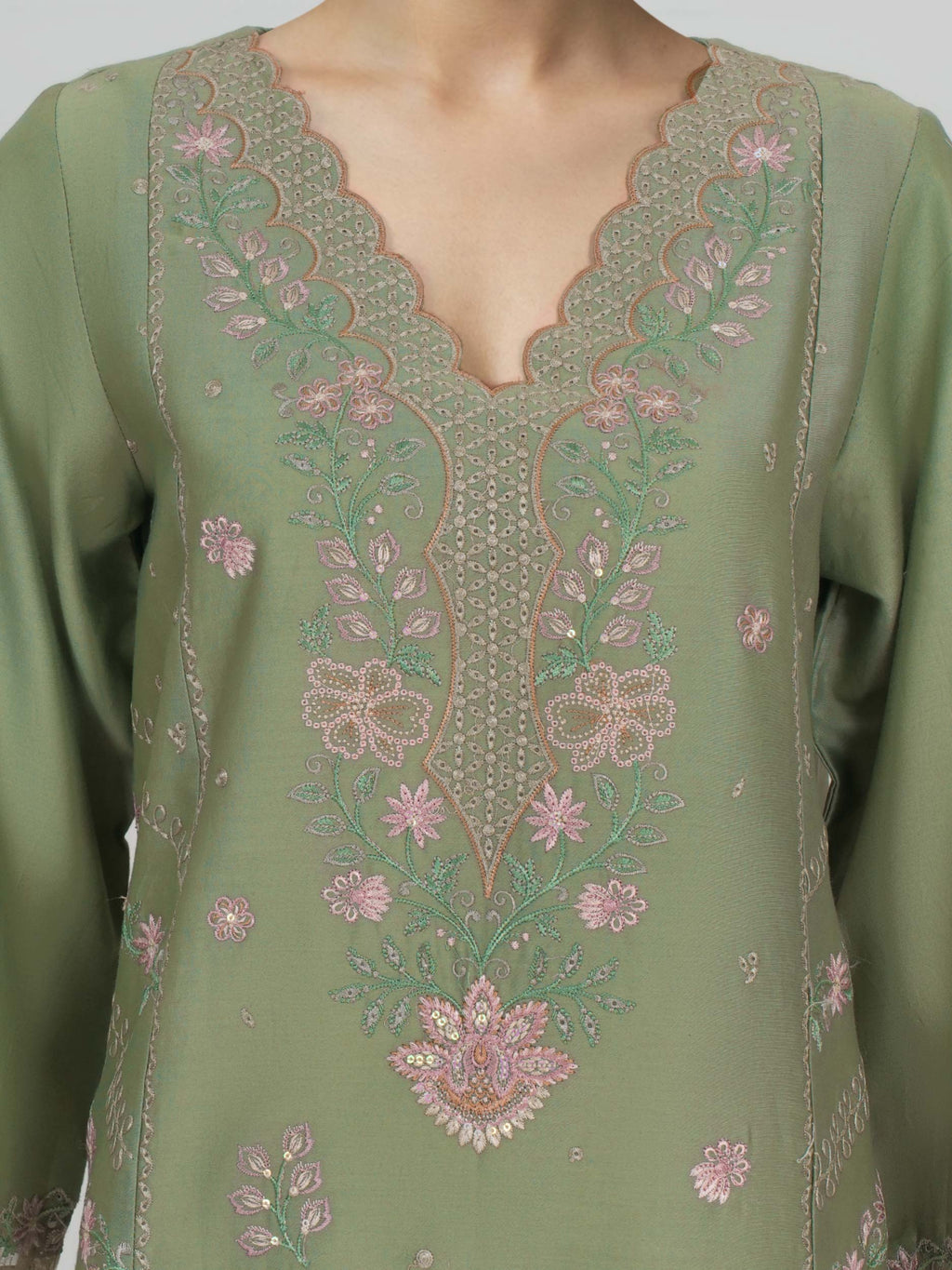3 Piece Satin Suit- Embroidered (Unstitched)