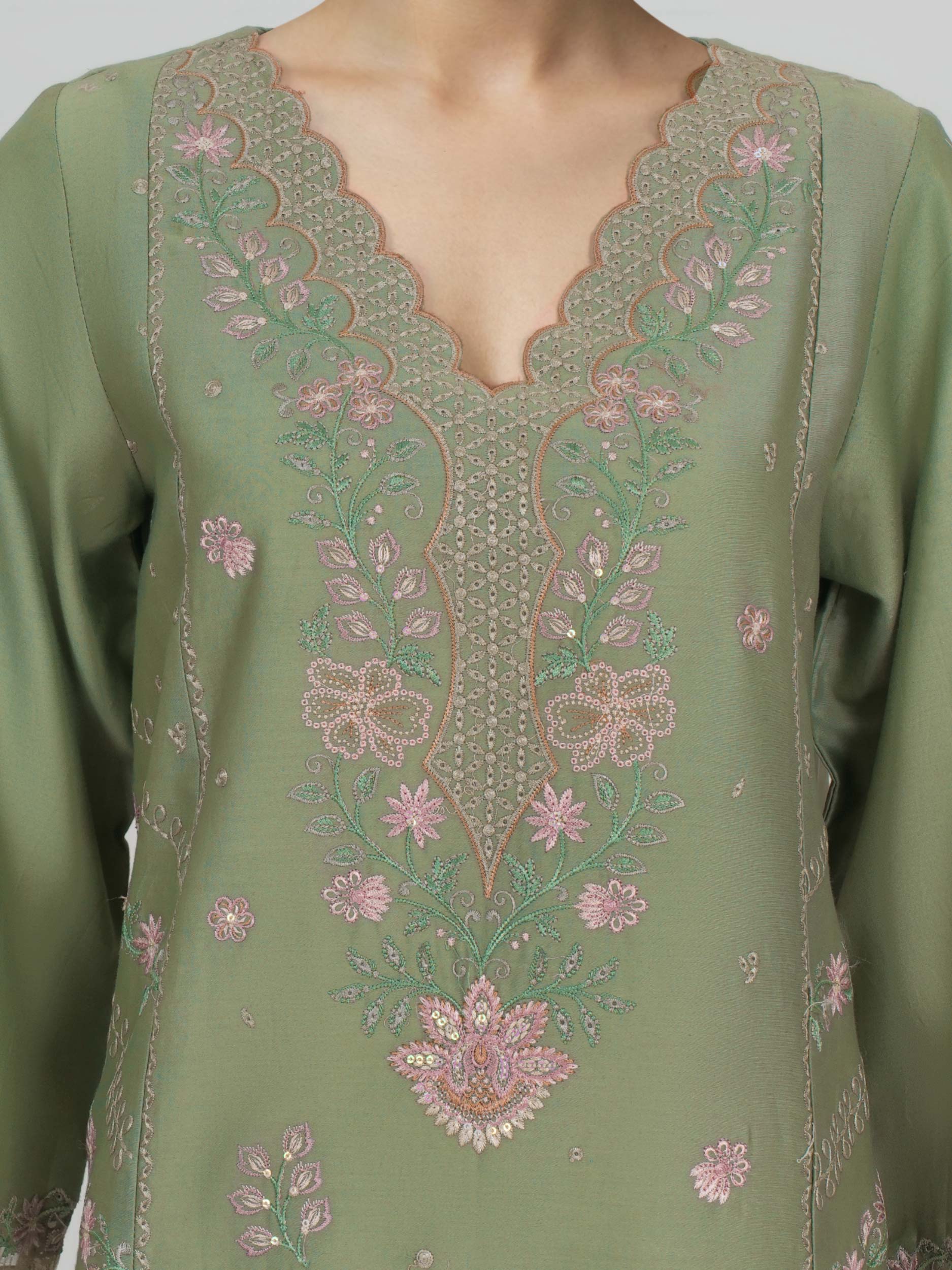 3 Piece Satin Suit- Embroidered (Unstitched)