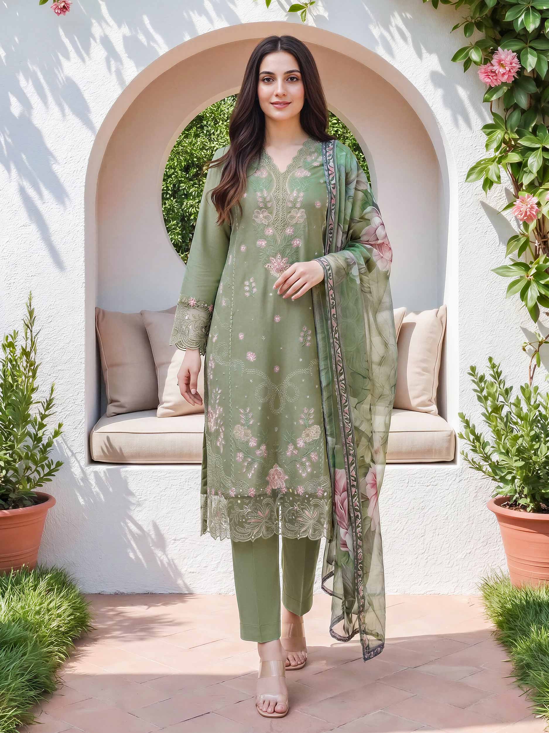 3 Piece Satin Suit- Embroidered (Unstitched)
