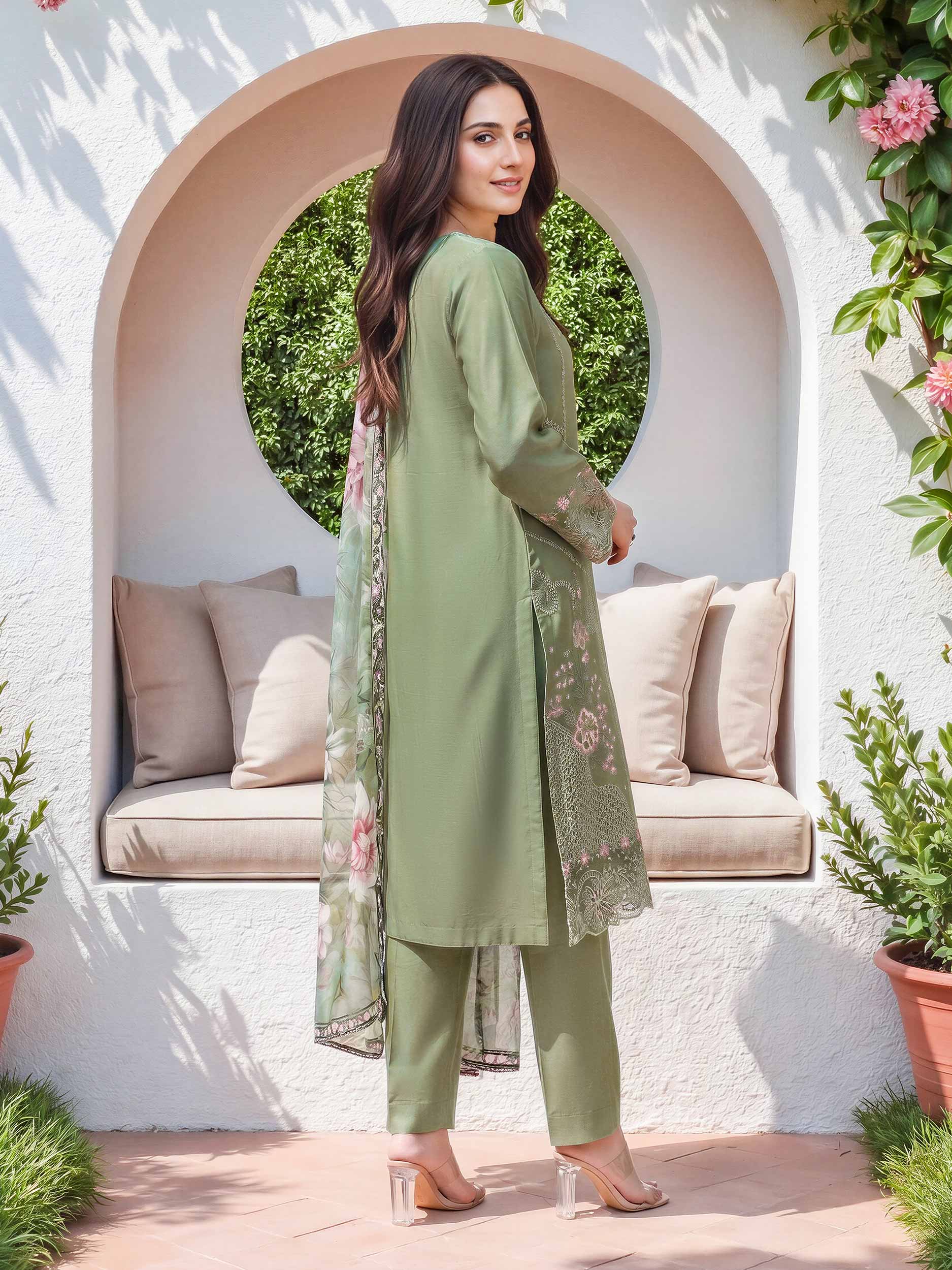 3 Piece Satin Suit- Embroidered (Unstitched)