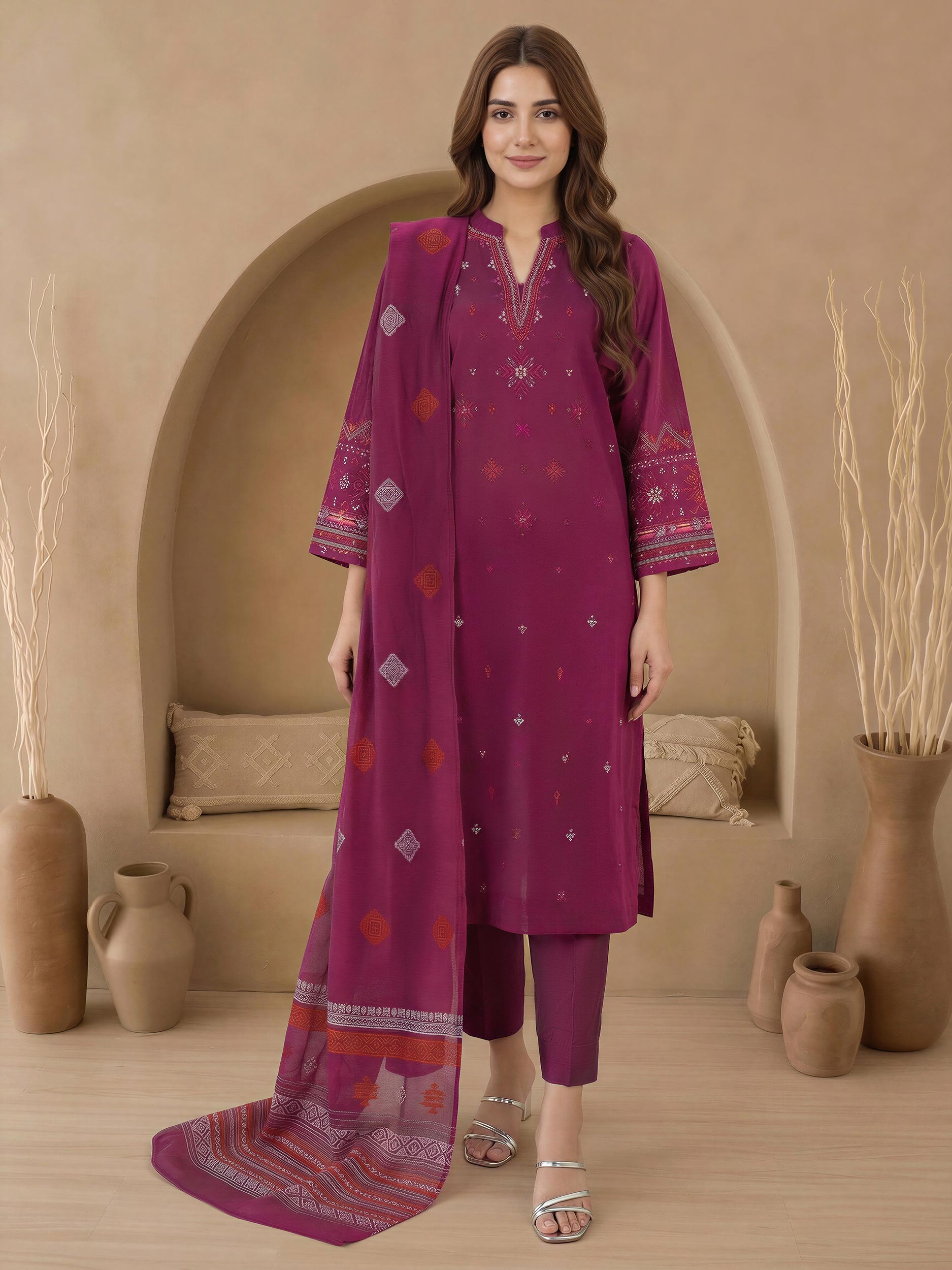 3 Piece Raw Silk Suit-Embroidered (Unstitched)
